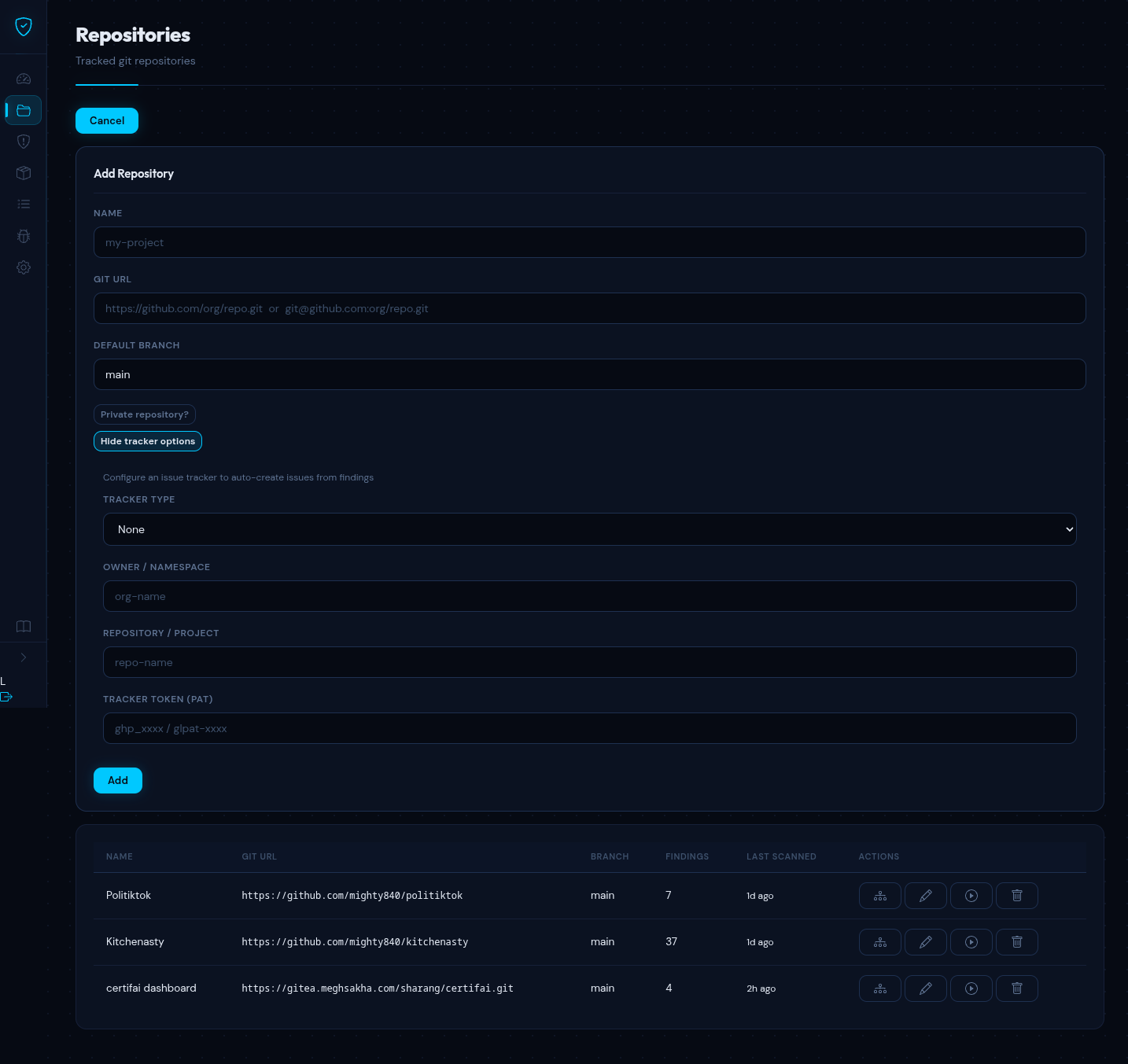 Add repository dialog with issue tracker options