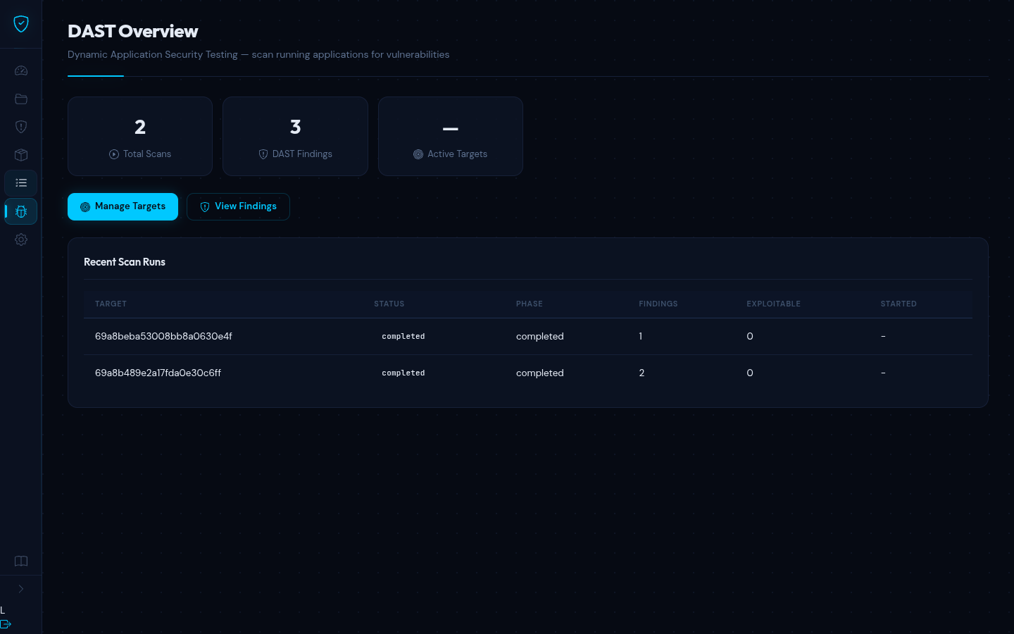 DAST overview with scan runs and finding counts