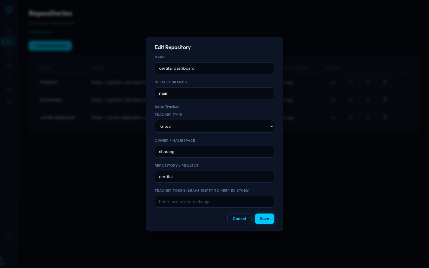 Edit repository modal with tracker configuration