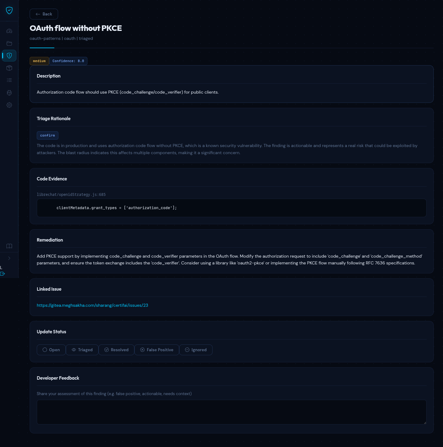 Finding detail page showing description, triage rationale, code evidence, remediation, and status controls
