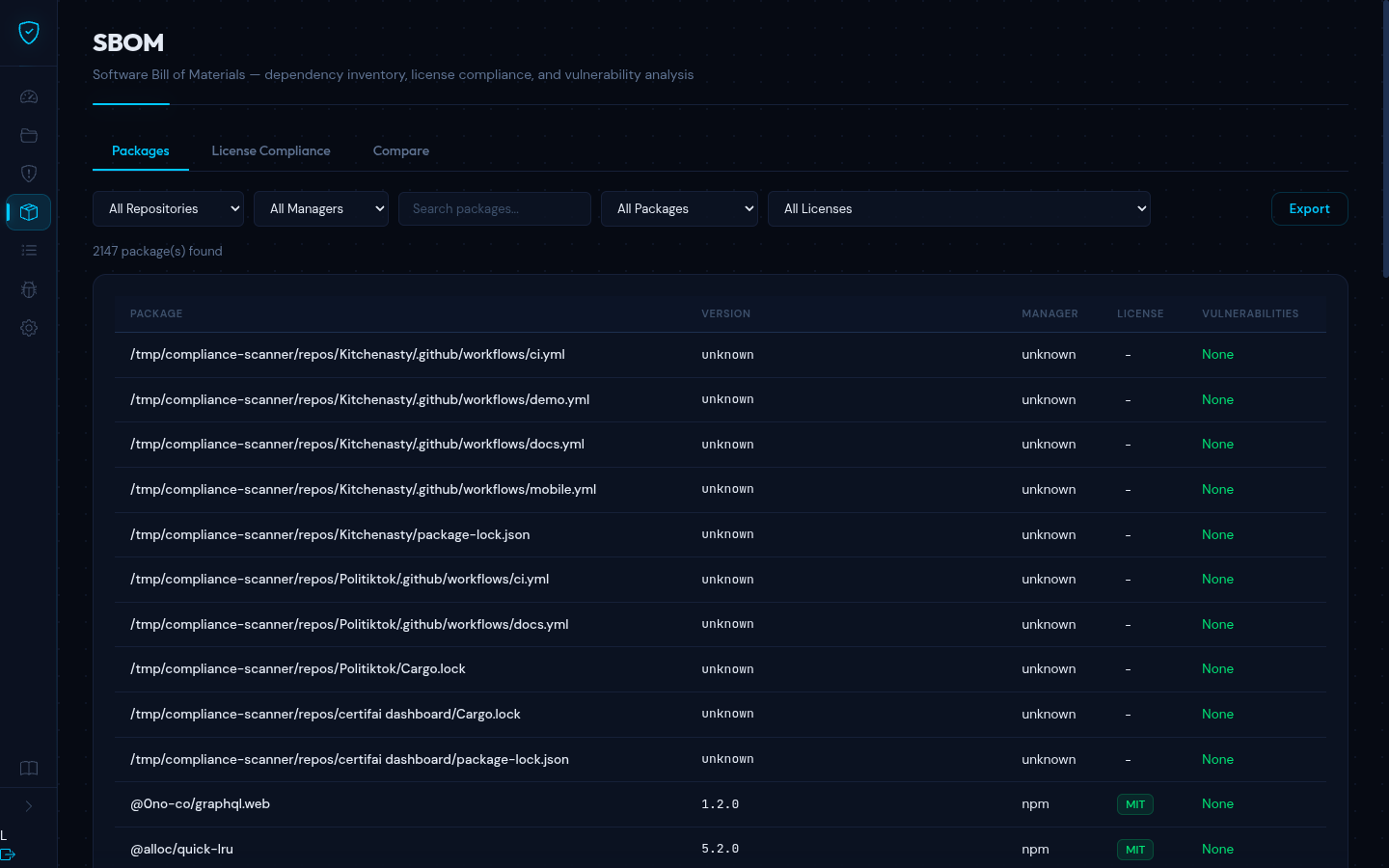 SBOM packages tab with filters and export options